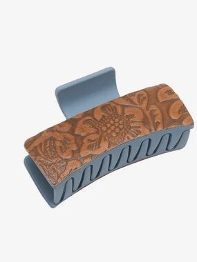 Myra Bag Blue and Brown Floral Embossed Tooled Leather Hair Claw Clip